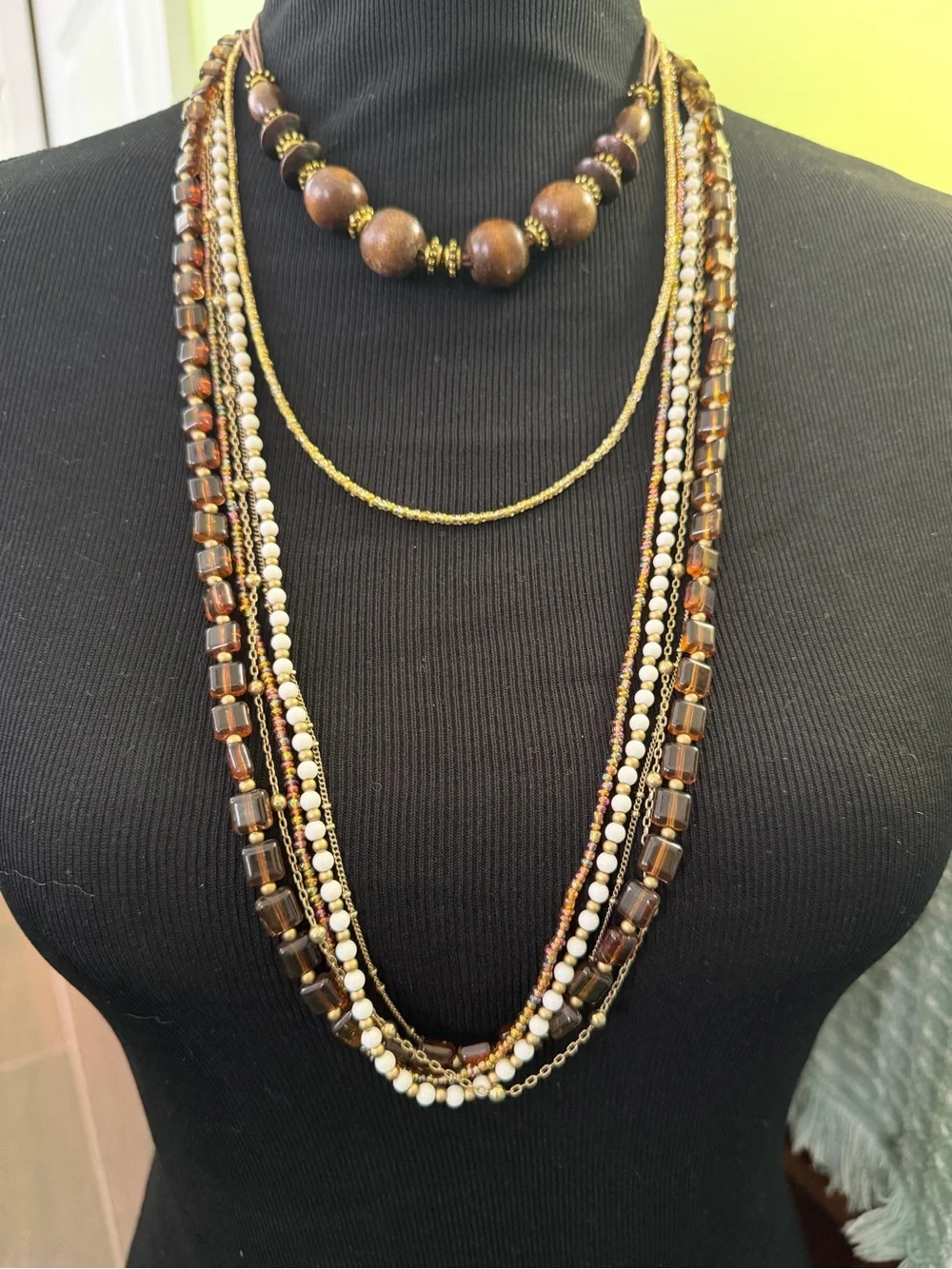 3 Piece Stacked Beaded Necklaces Designer Glass Wood